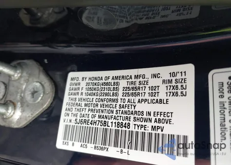 2011 Honda Cr-V Ex-L из США, поврежденный, VIN 5J6RE4H75BL118848